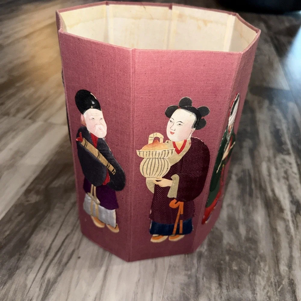 Vintage Chinese 8 Immortals Octagon Waste Basket Silk Paper Folding Garbage Can